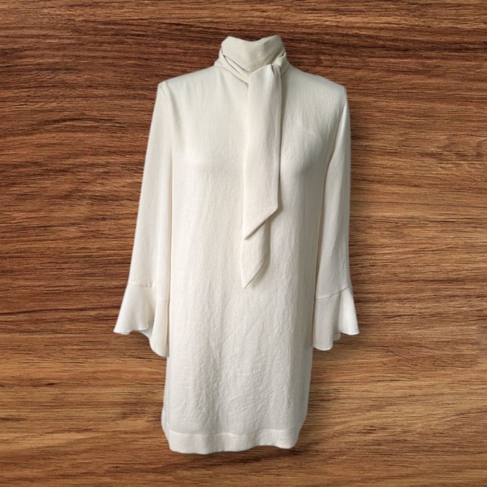 IRO cream shift mini dress neck tie low back frill fluted sleeves party size 8